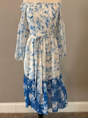 Smocked Off-Shoulder Blue Floral Midi Dress